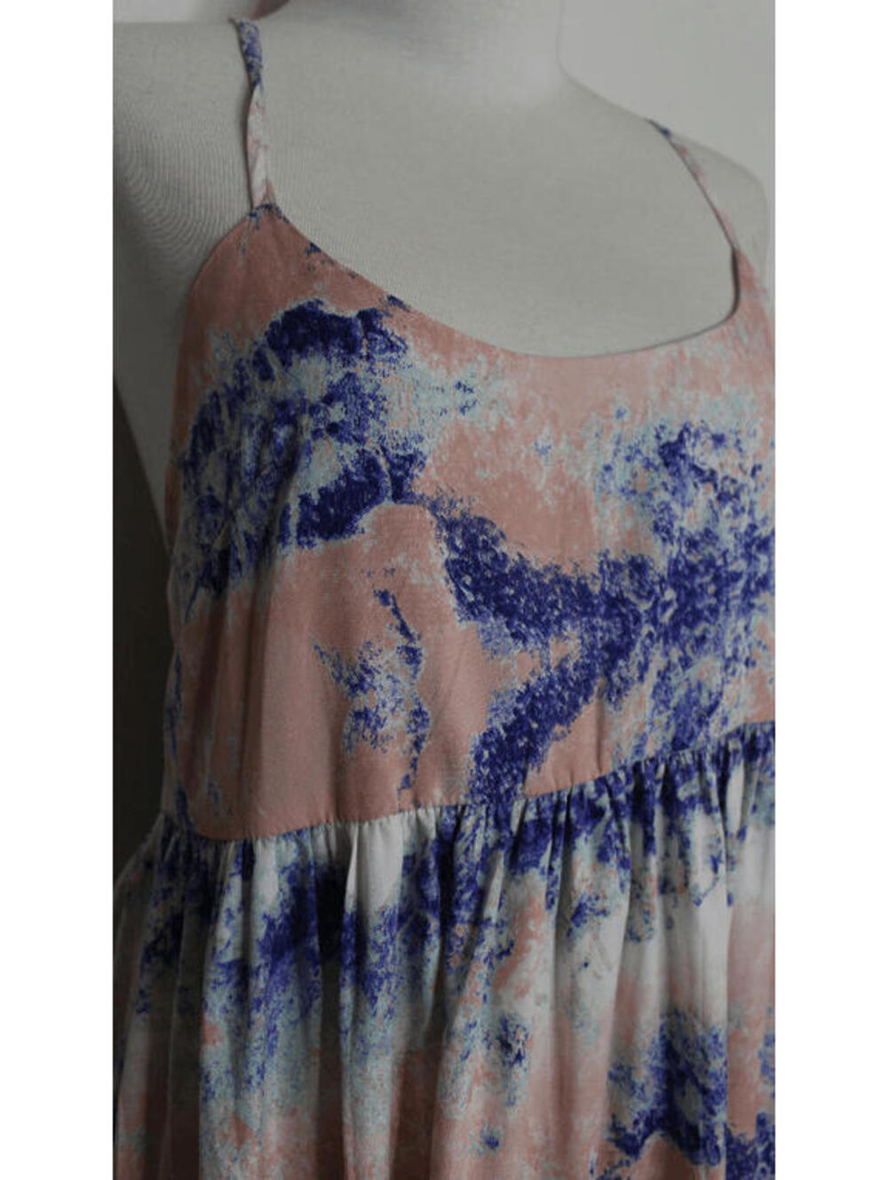 W118 Pink Blue Splatter Spaghetti Strap Peasant Mini Dress - 6 - Picture 3 of 4